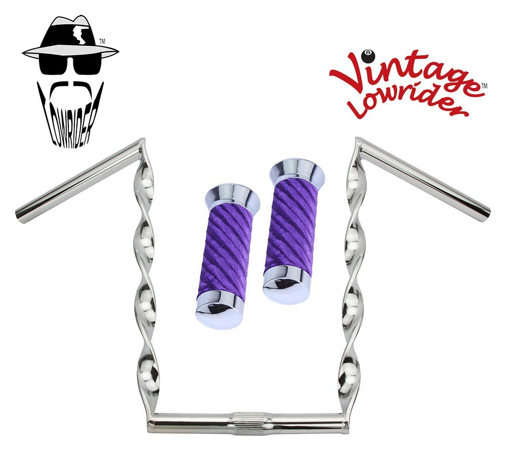Vtg Lowrider Handlebar Flat Twisted 15″ 25.4mm Chrome &Grips Velour Swirl Purple