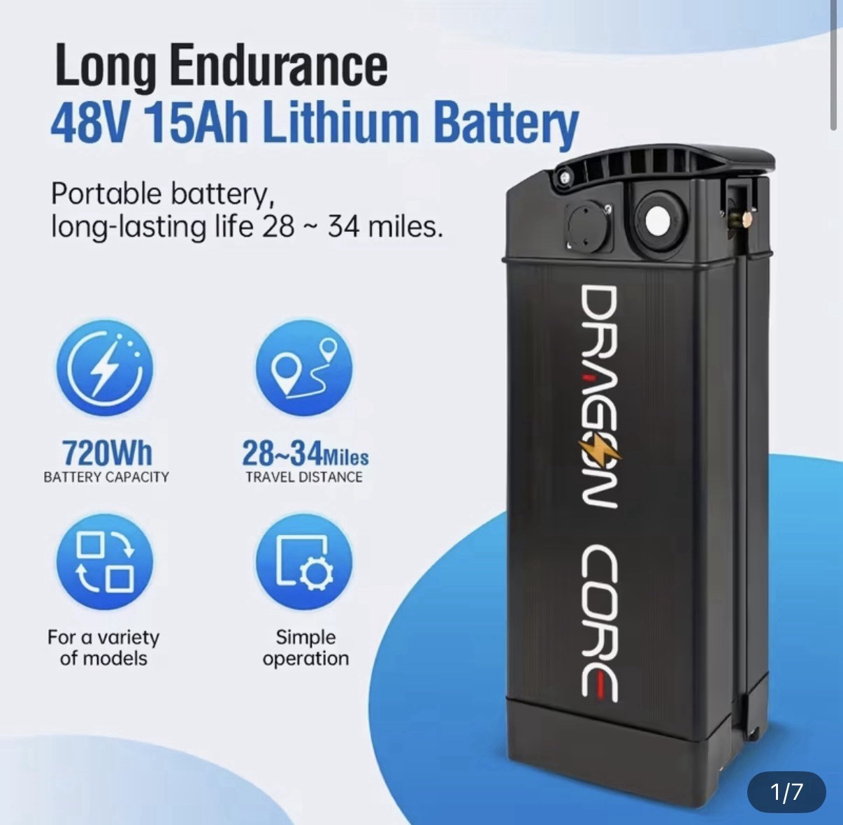 DRAGON CORE 48V 15Ah 720Wh Lithium E-Bike Battery, Black, 3-Pin, Lock