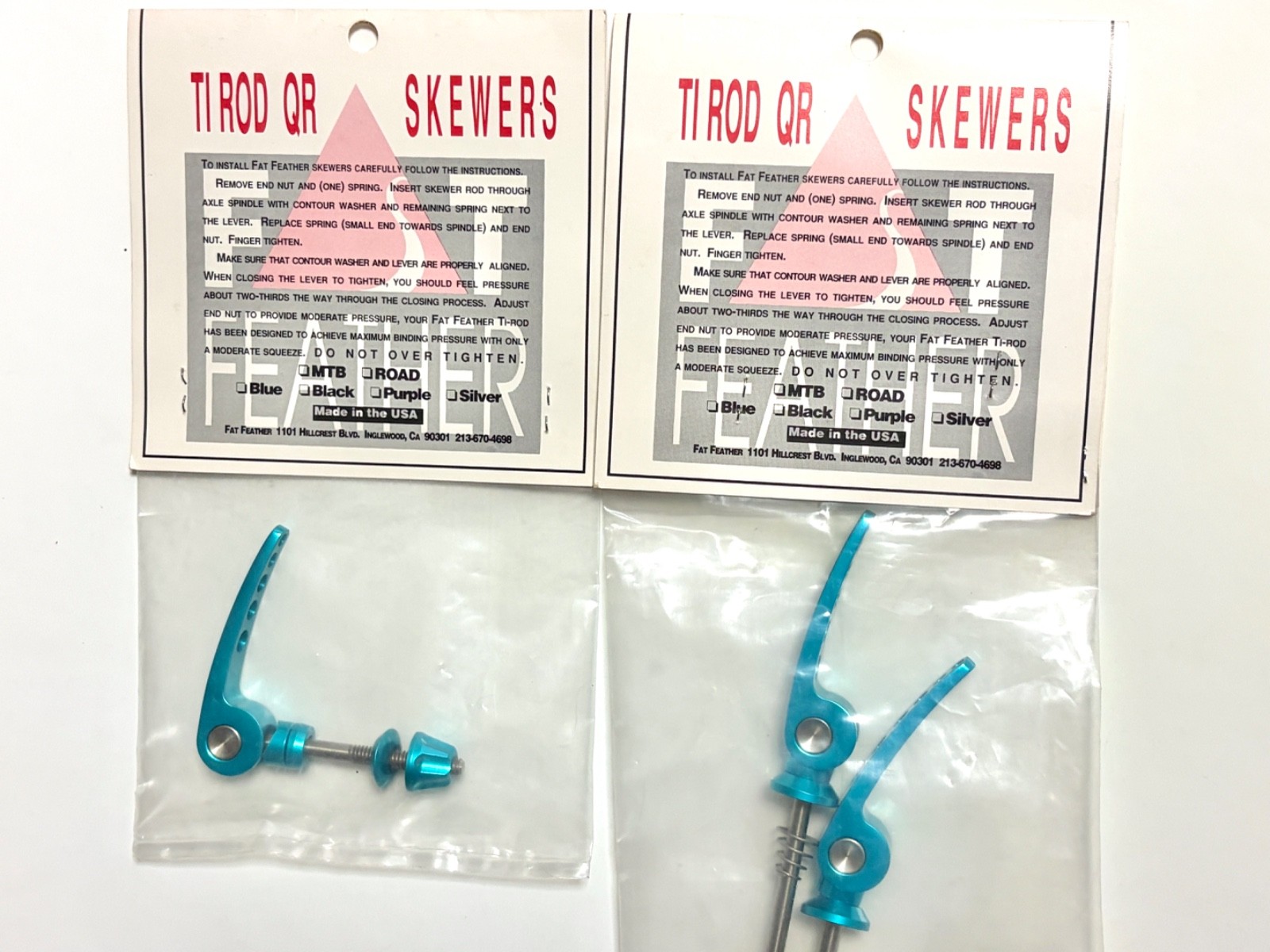 NOS FAT FEATHER Ti Rod QR Skewers Set Turquoise USA MTB 100/135mm