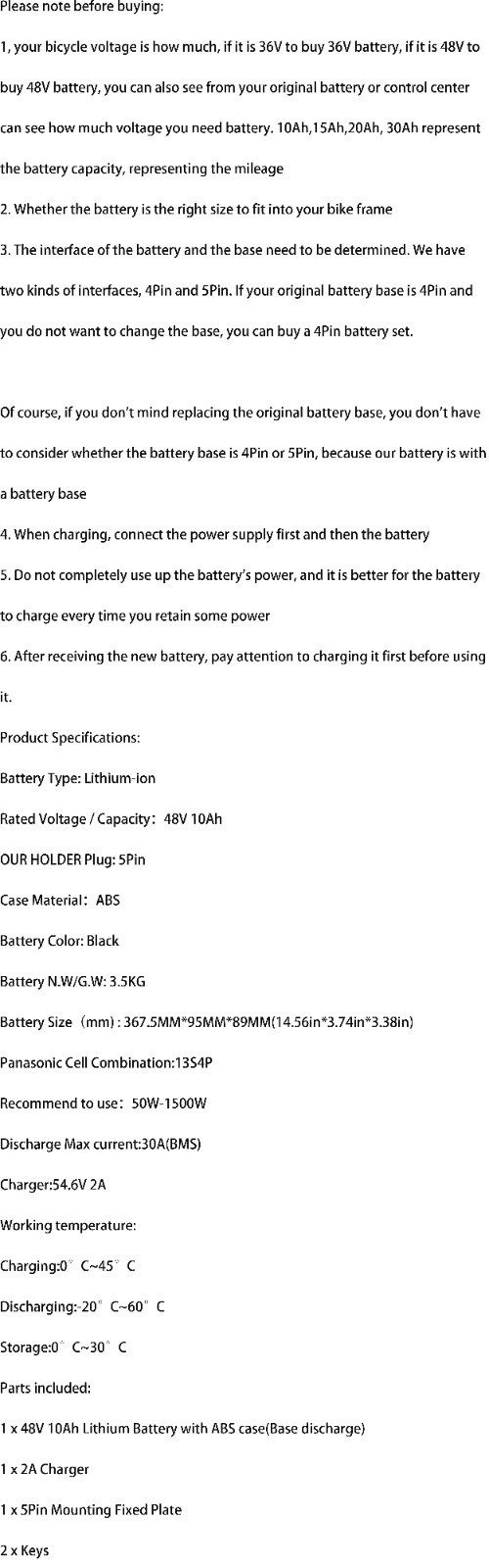 48V Electric Bicycle Bike Ebike Lithium Battery Rechargeable 40Amp BMS 5-Pin