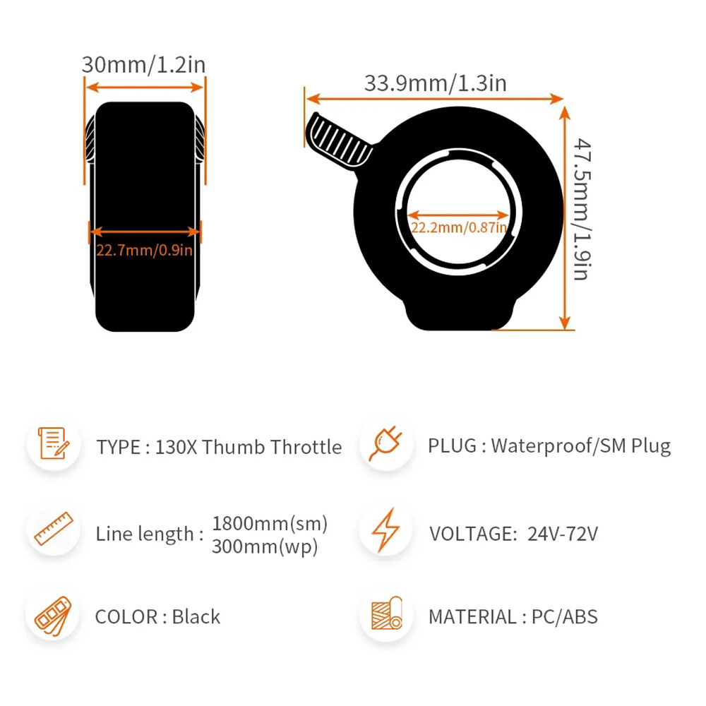 Ebike 130X Thumb Throttle 24V 36V 48V 60V 72V 3 PIN Connector Waterproof/SM Plug