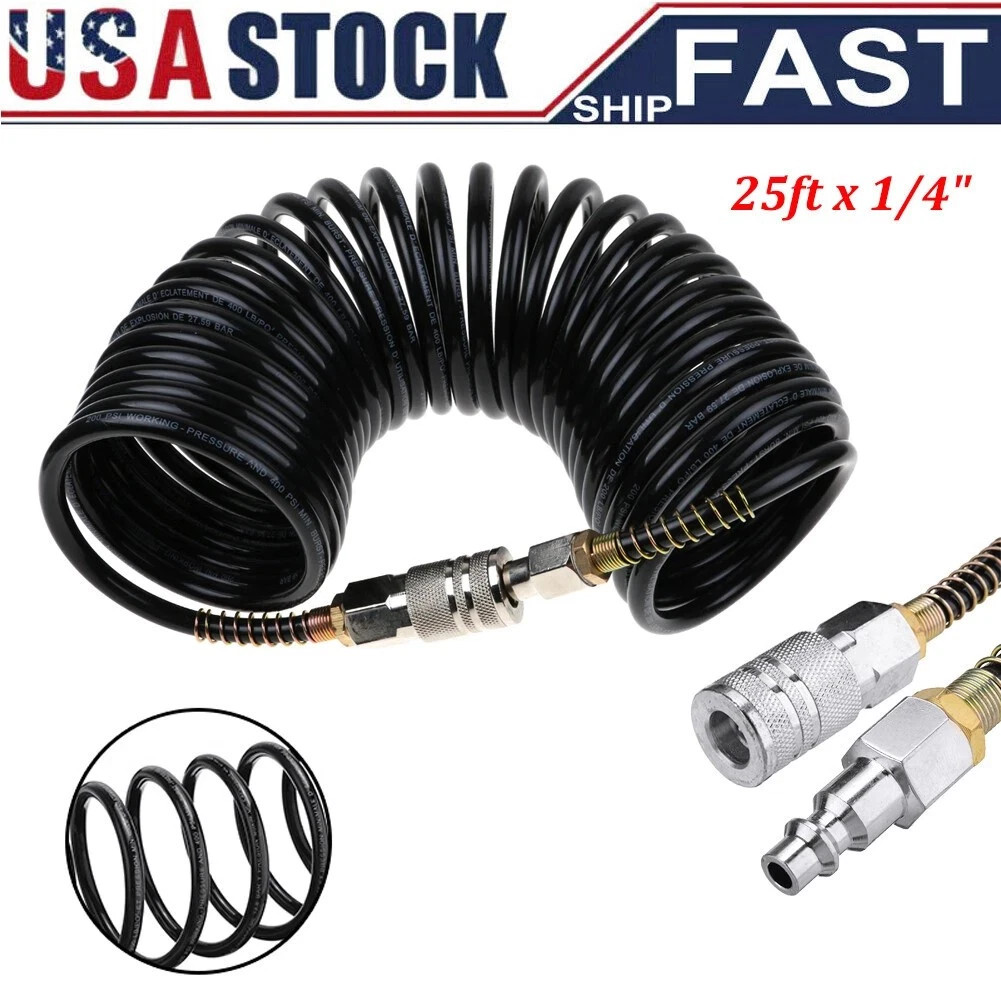 Heavy Duty Recoil Air Hose 25ft 1/4″ Flexible Compressor Quick Coupler 200PSI