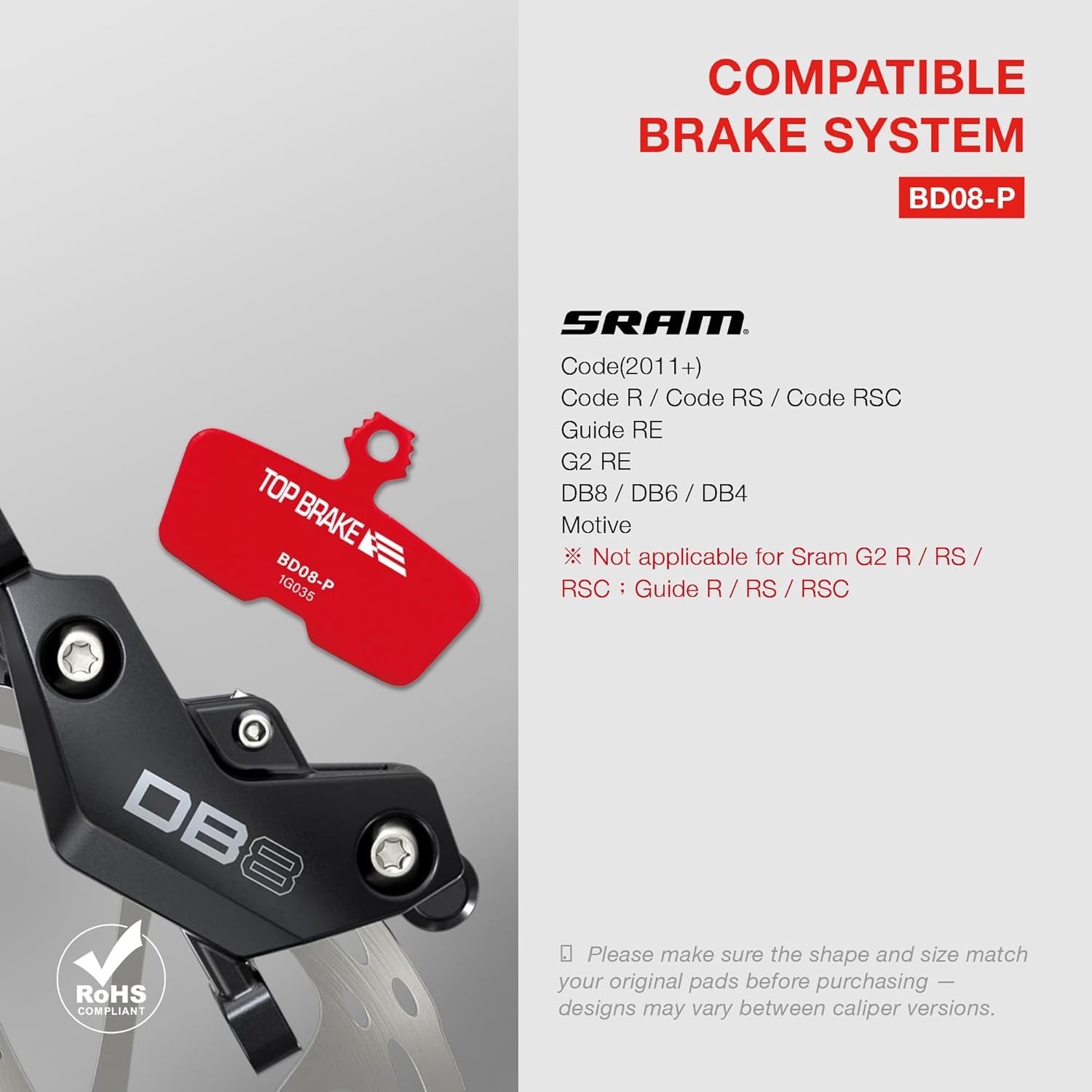 Disc Bike Brake Pads Compatible w/SRAM Code R RE RSC, DB8, Motive, AVID – 2 pair