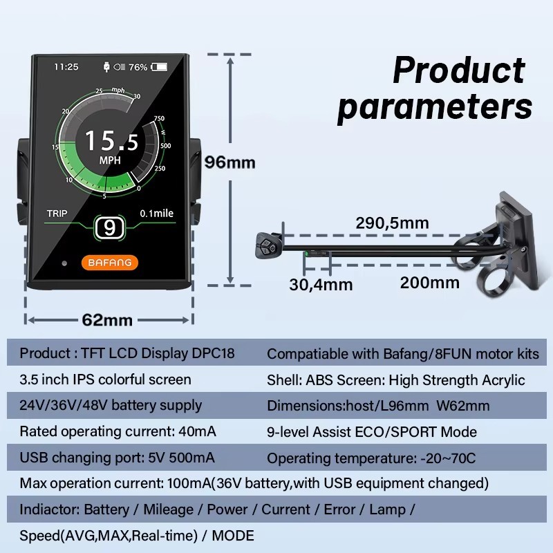 Bafang colorfu LCD Panel Display for Mid-drive Motor Kits Electric Bicycle Ebike
