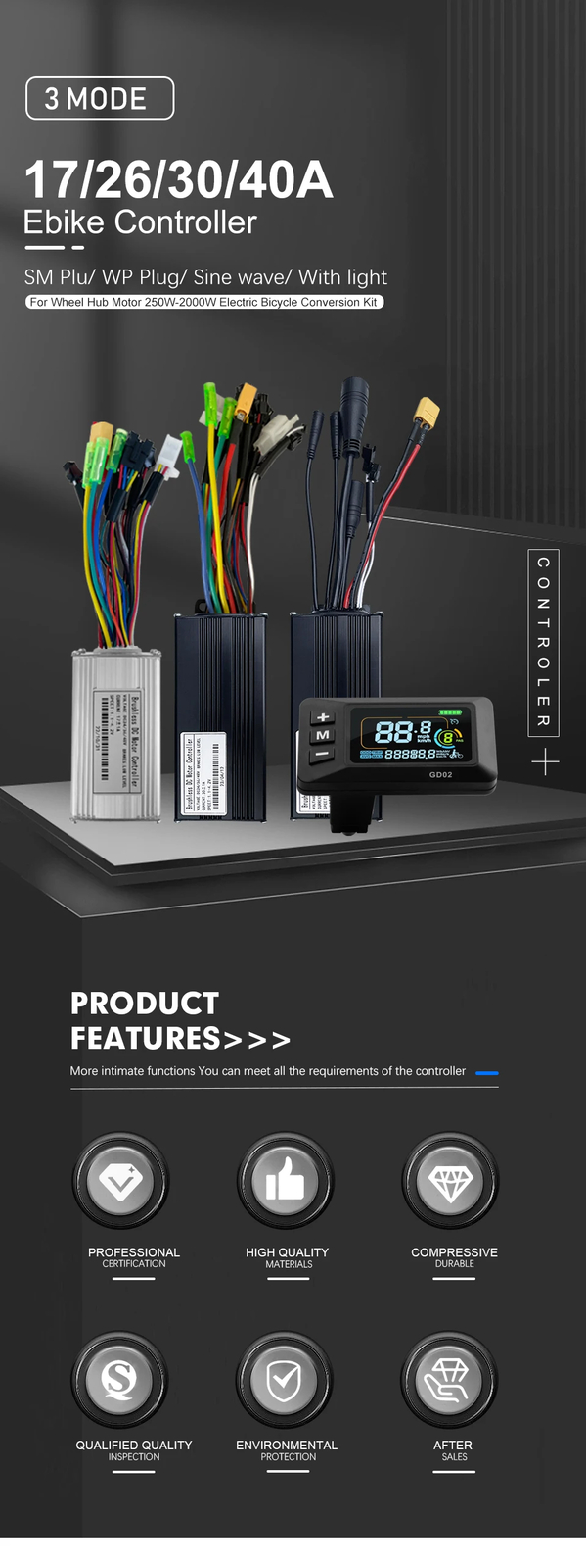 Electric Bike 3 Mode Sine Wave Controller 36V 48V 17A/26A/30A/40A Controller Kit