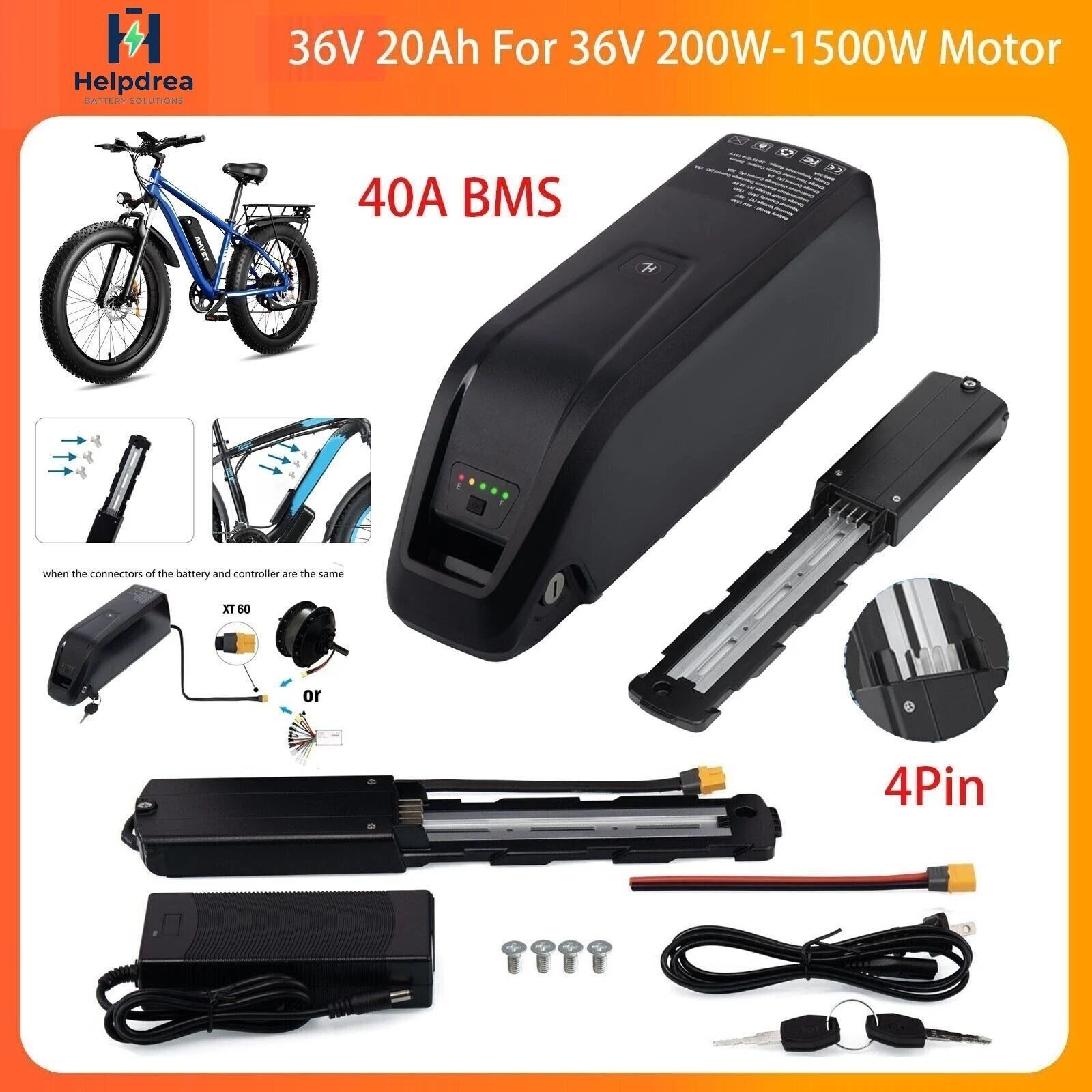36V 20Ah Hailong Lithium Ebike Battery 4-Pin 40A BMS For 0~1500W Electric Bike