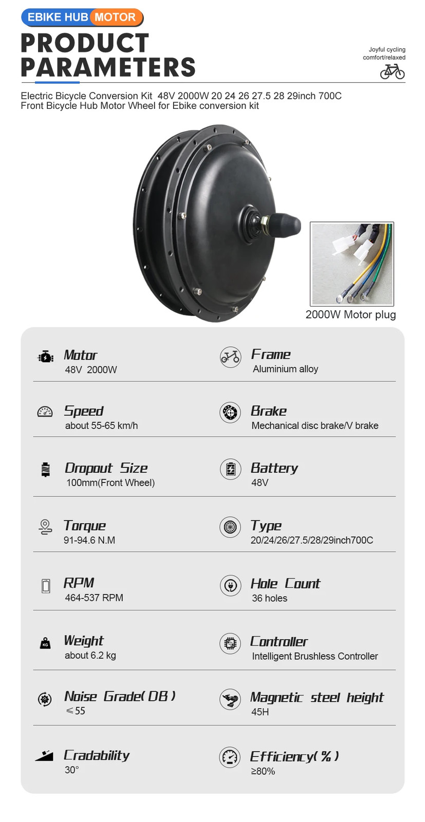 48V 2000W MTB Electric Bicycle Conversion Kit Front Hub Motor Wheel 20-29in 700c