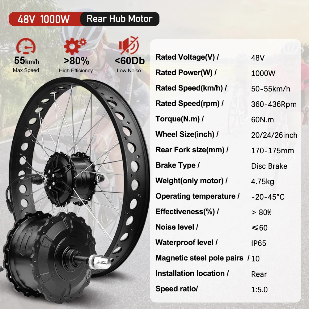 Snow Electric Fat Bike 48V 1000W 4.0 Tyre Brushless Rear Hub Motor Wheel Kit