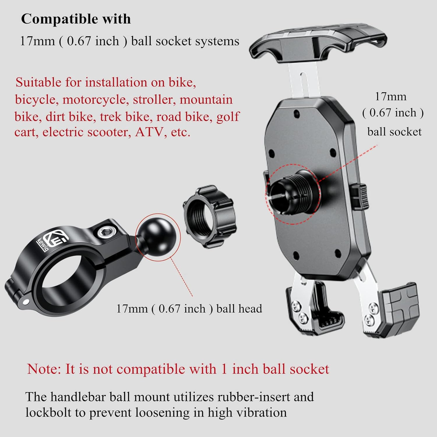 Aluminum Alloy Mount Base with 0.67» TPU Ball | for Handlebar Round