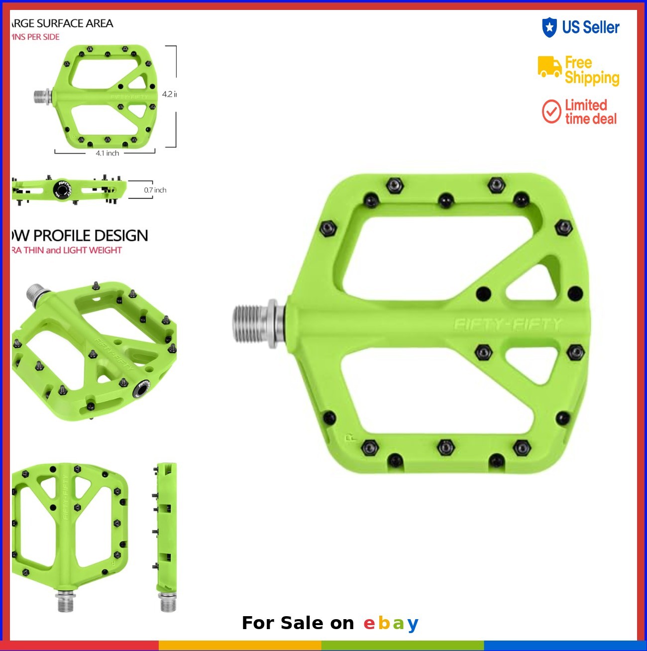 Flat Mountain Bike Pedals Nylon Composite 9/16 Non-Slip Steel Pins Pedal Cycling