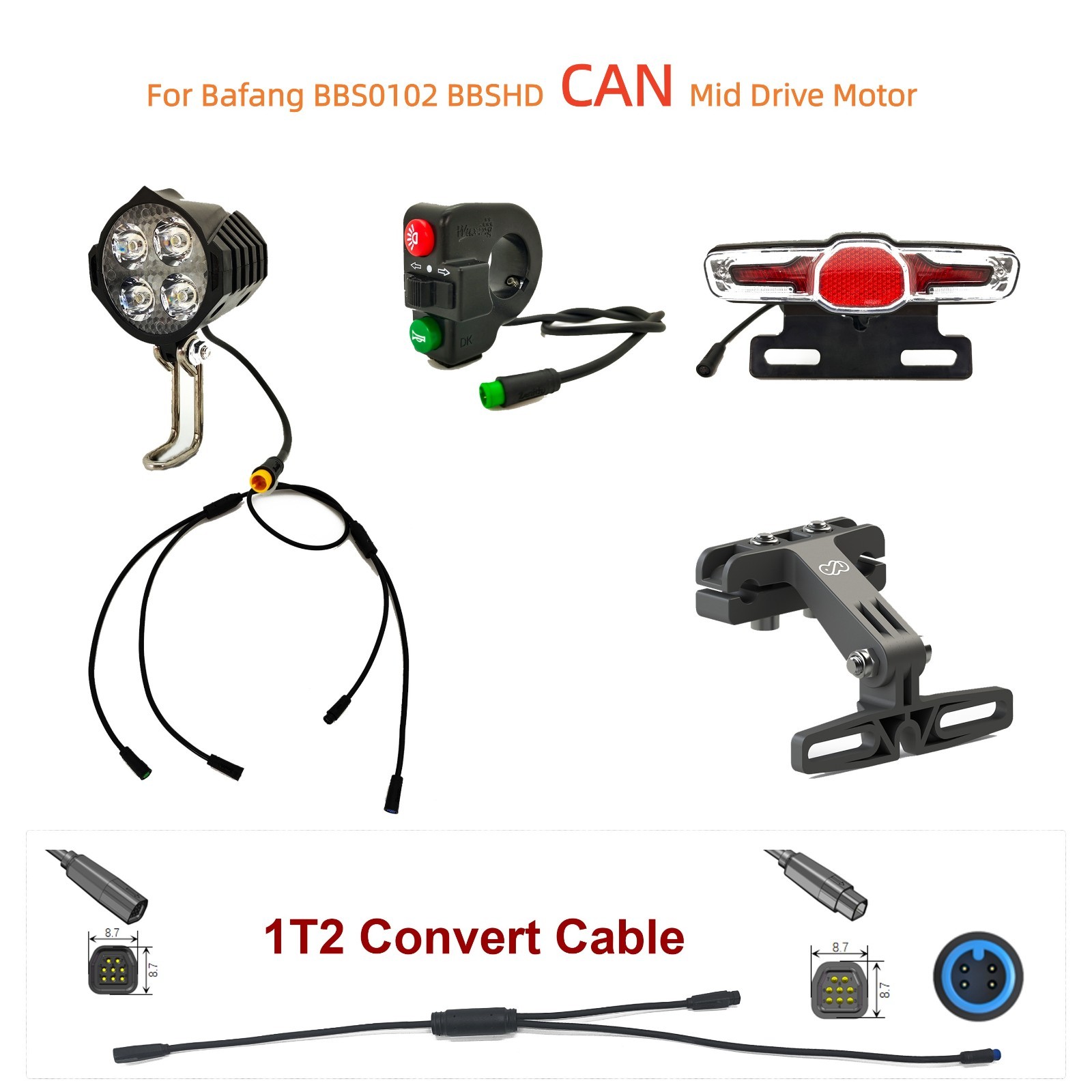 Ebike Waterproof Cable Front Rear light kit for Bafang BBSHD BBS0102 CAN or UART