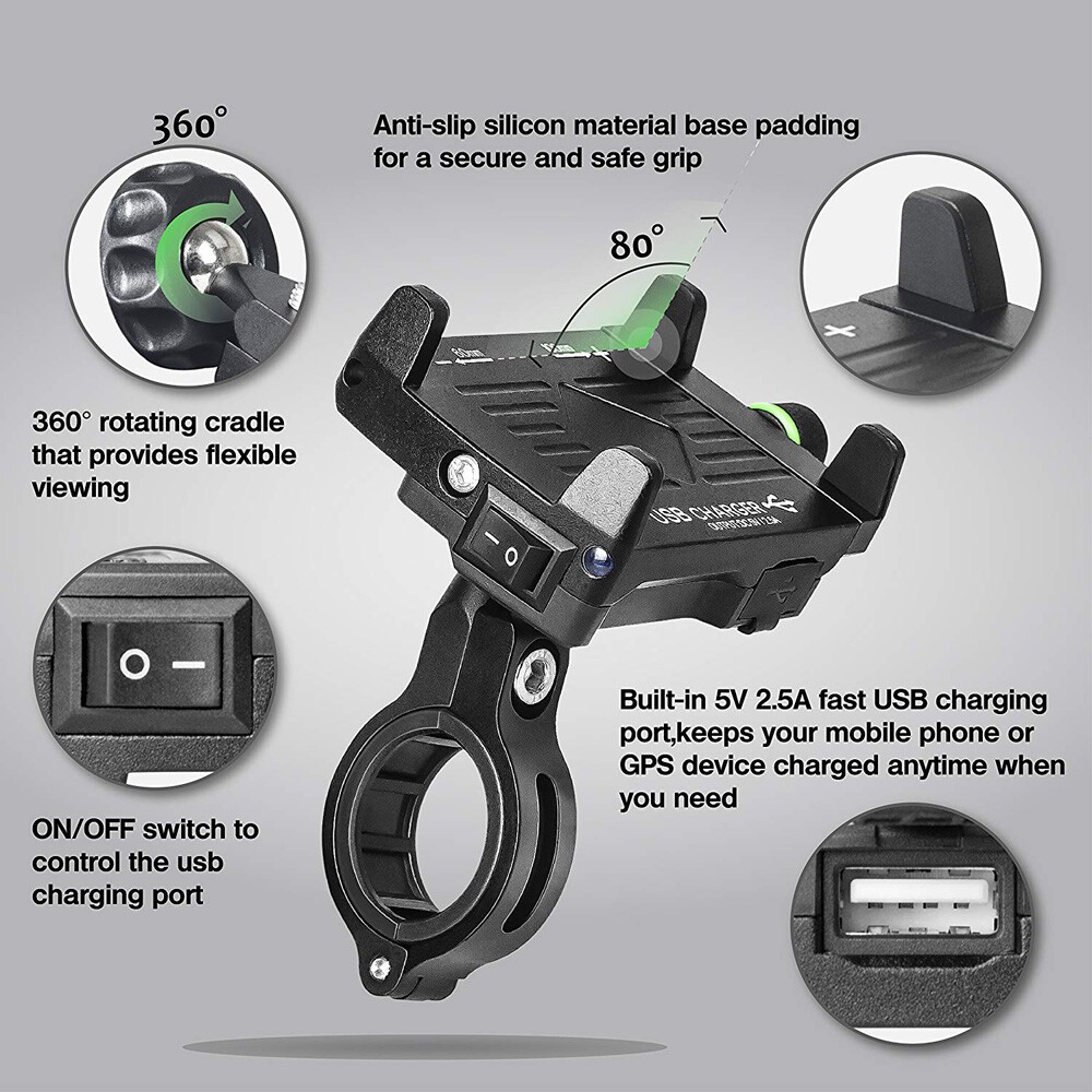Motorcycle Cell Phone Handlebar Mount Holder USB Charger with Switch Universal