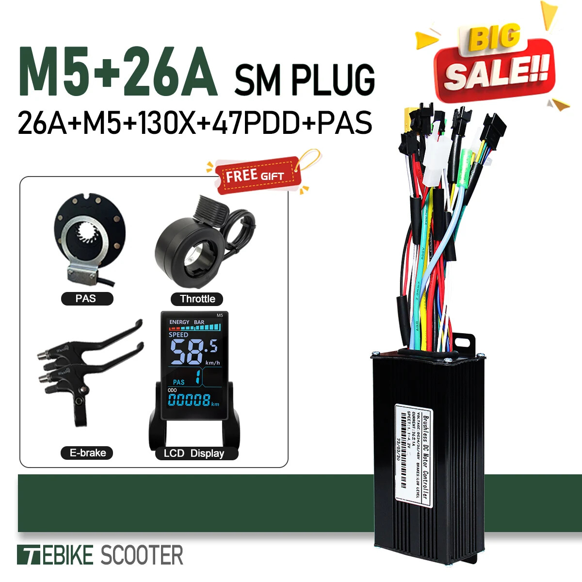 Ebike Sinewave 3 Mode 17A26A30A40A Controller +Color M5 Display 350W-2000W Motor