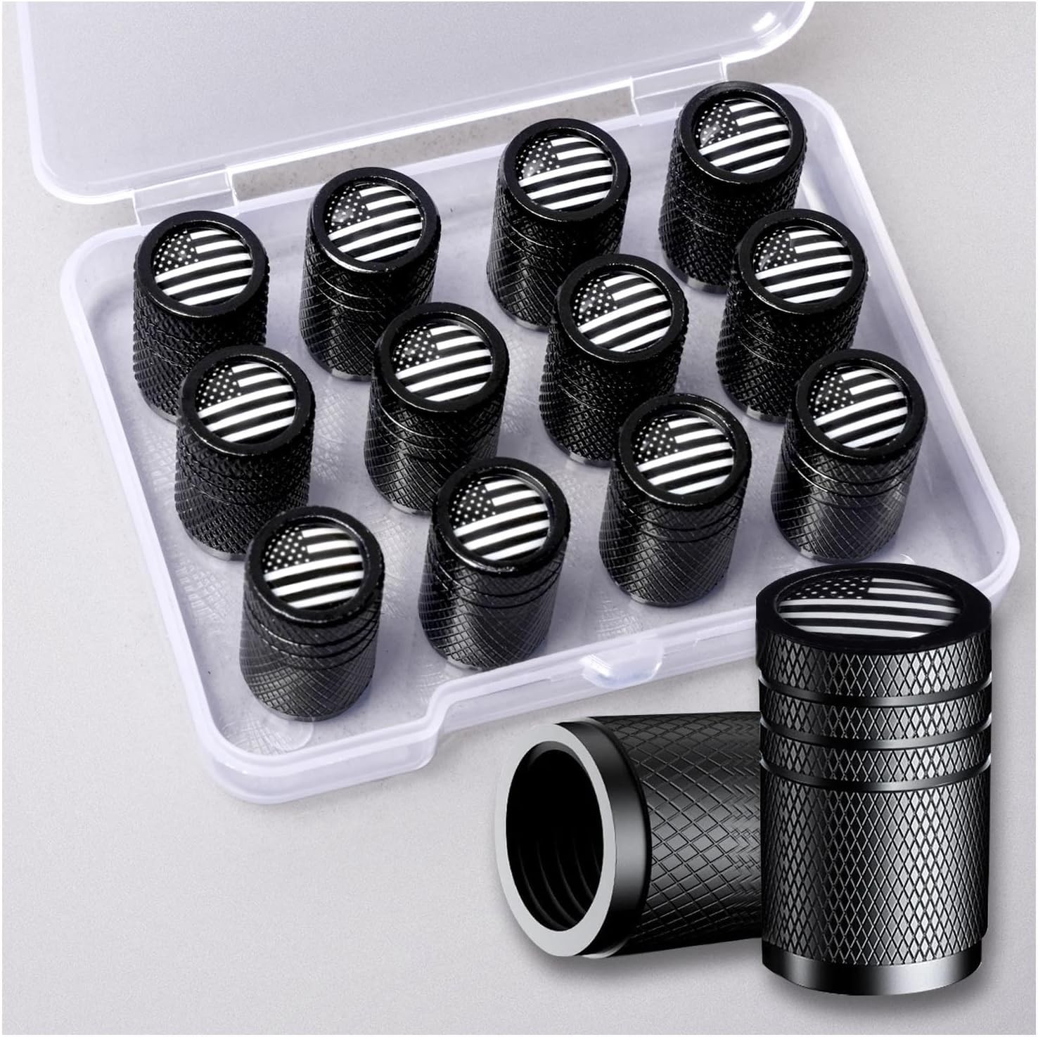 American Flag Tire Valve Stem Caps, Aluminum USA Caps Black, Universal Dust Proo
