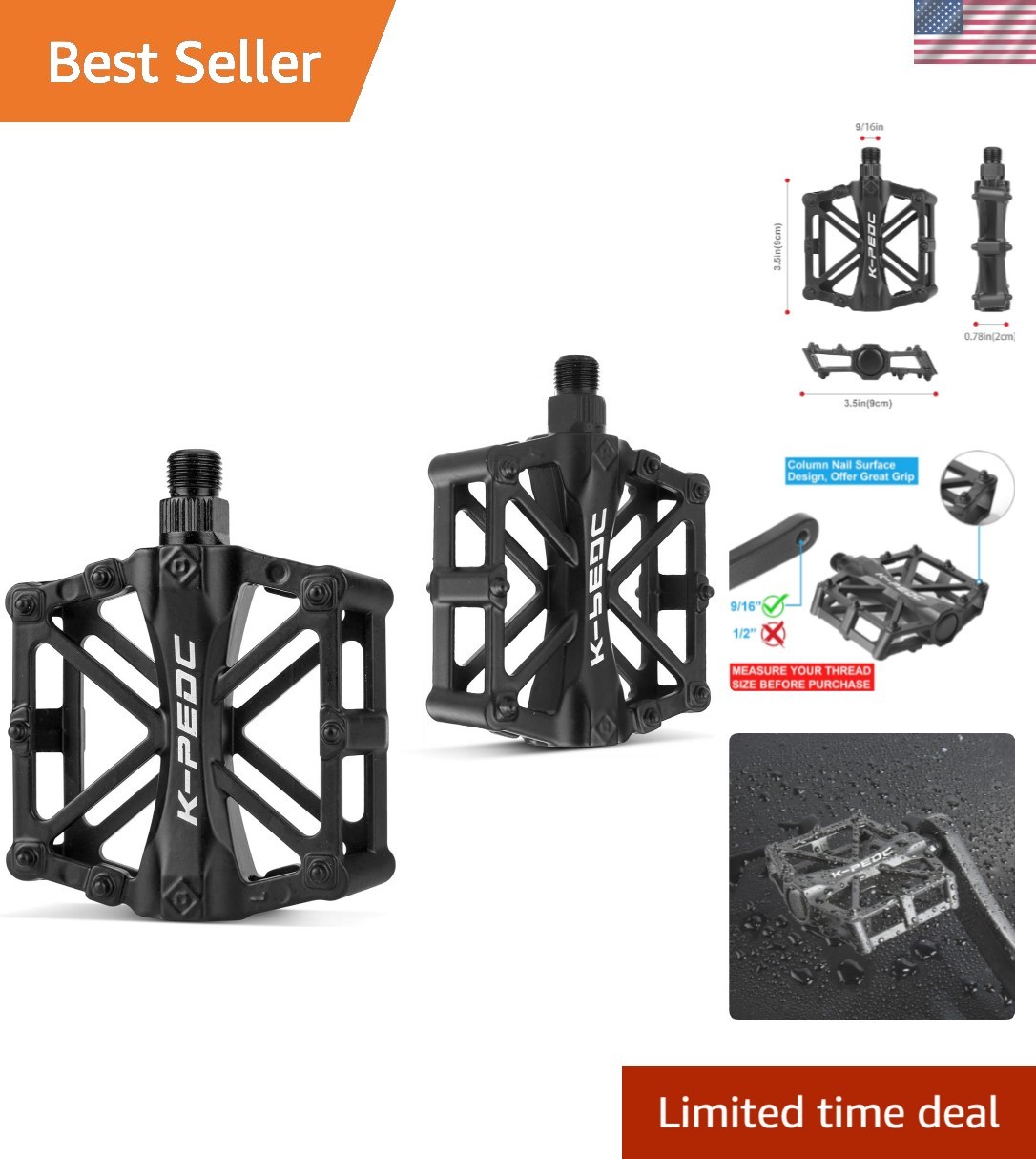 Bike Pedals 9/16 for MTB, Mountain Road Bicycle Flat Pedal, with 16 Anti-Skid…