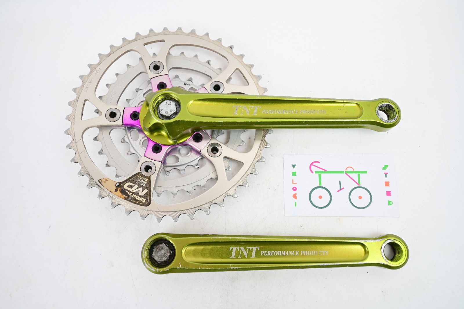TNT HDS Crank Arms: Green + Purple Ano Spider – 170mm x 94/58 BCD 42/32/22t
