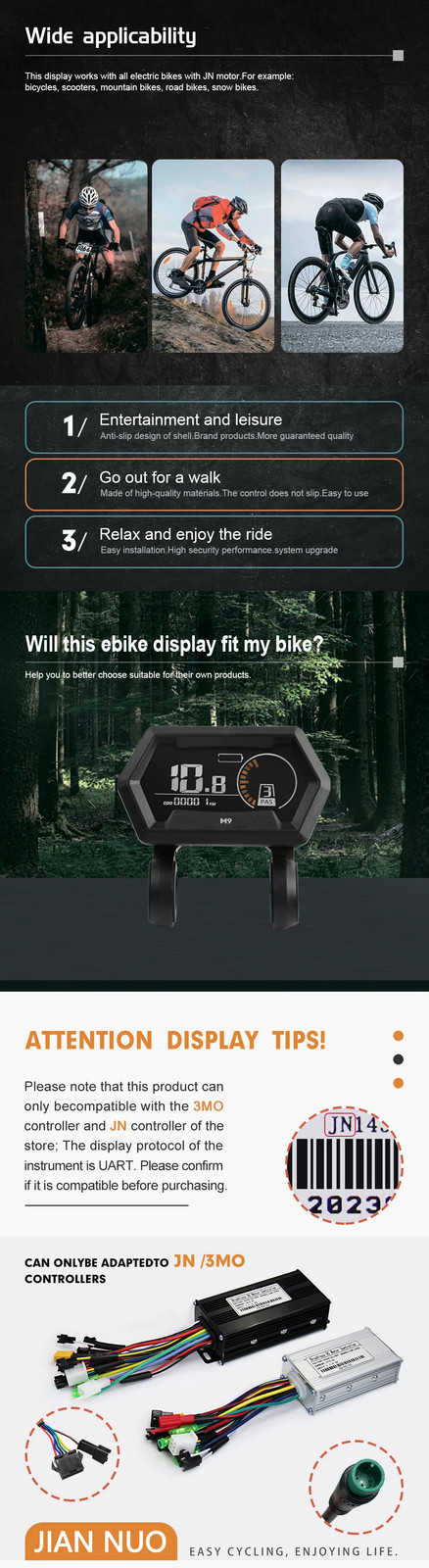 Electric Bicycle LCD Display M9 24V 36V 48V 52V 60V 72V SM/Waterproof Plug Use