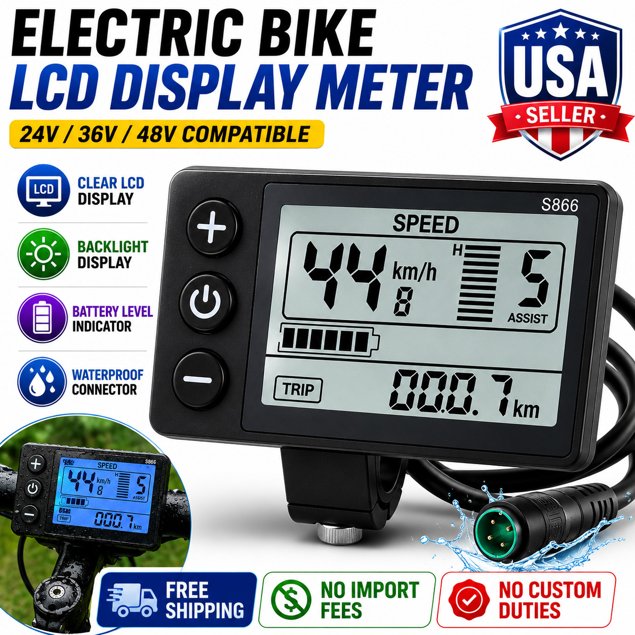 For E-bike Lcd Display 24V/36V/48V Mini E-Bicycle Electric Bike Speed Meter 2024