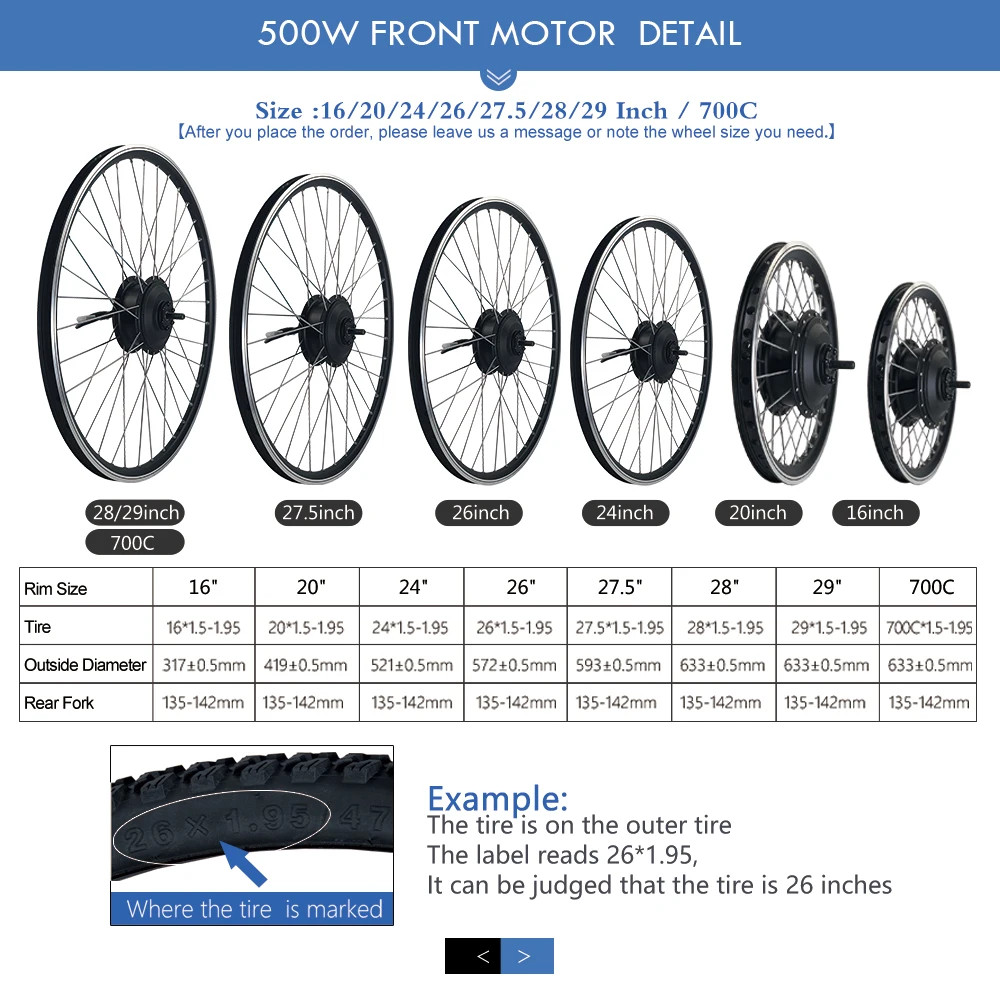Electric Bike Conversion Kit 500W Front Hub Motor Wheel 36V 48V Waterproof Plug