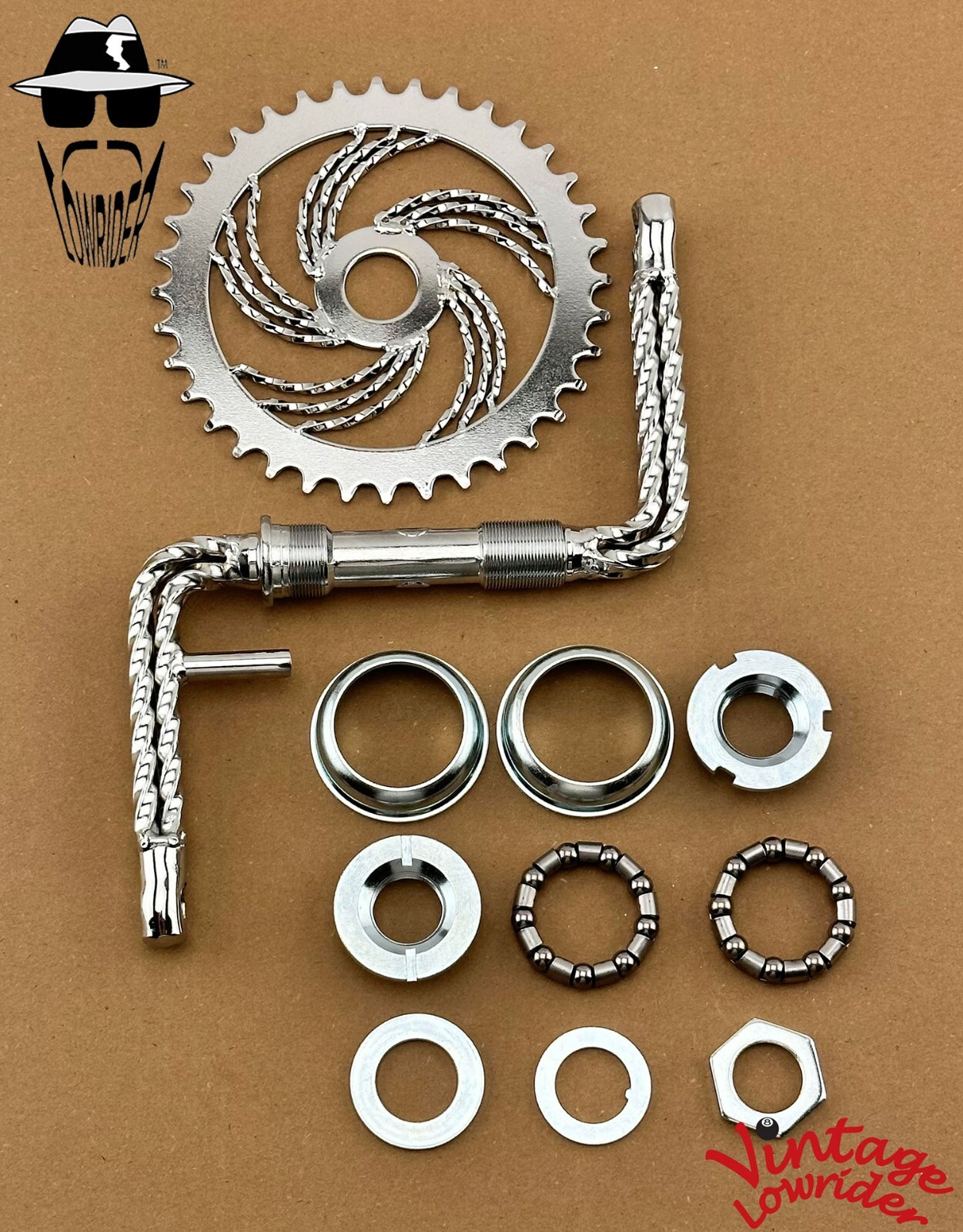 VINTAGE LOWRIDER QUADRUPLE TWISTED 1 PIECE CHROME CRANK W/TWISTED SPROCKET & B.B