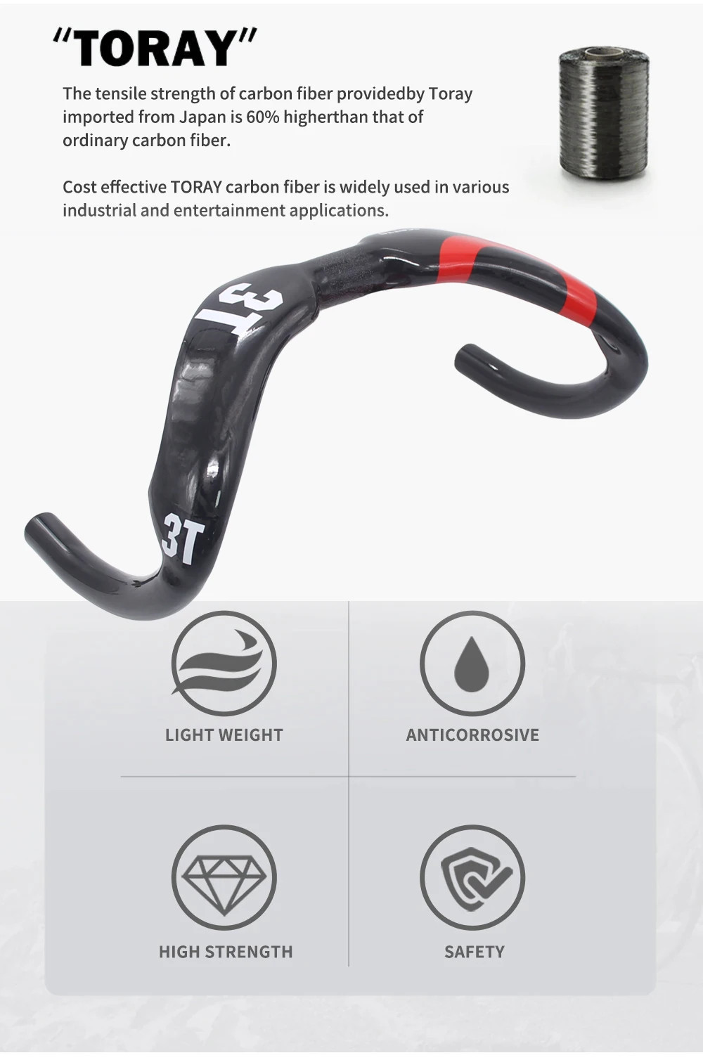 3T Full Carbon Road Track Bike Handlebar Gloss 31.8mm 370/385mm Drop Handlebar