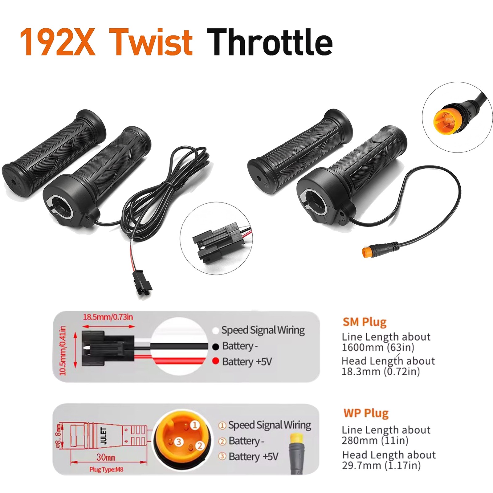 12V/24V/36V/48V/60V/72V E-bike 1921X Full Twist Throttle Handle Grips SM/WP