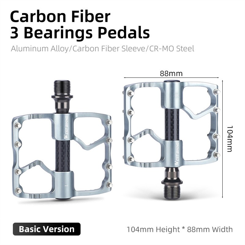 WEST BIKING Bicycle Pedals Carbon Fiber Axle 3 Bearing Bike Pedals 9/16in Silver