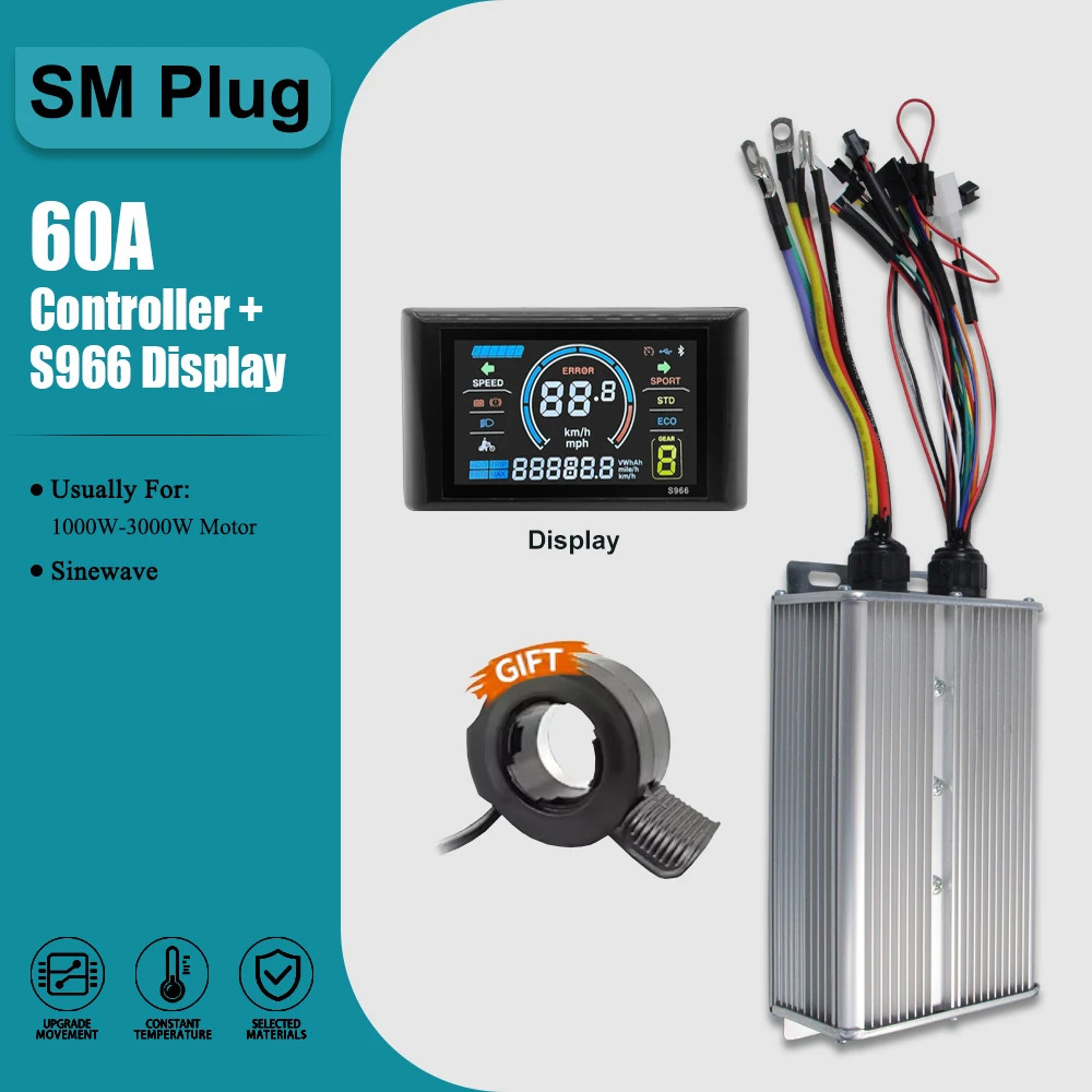 Three-Mode Sine Wave Controller 17A-60A SM/WP Plug with 36V 48V S966 Display