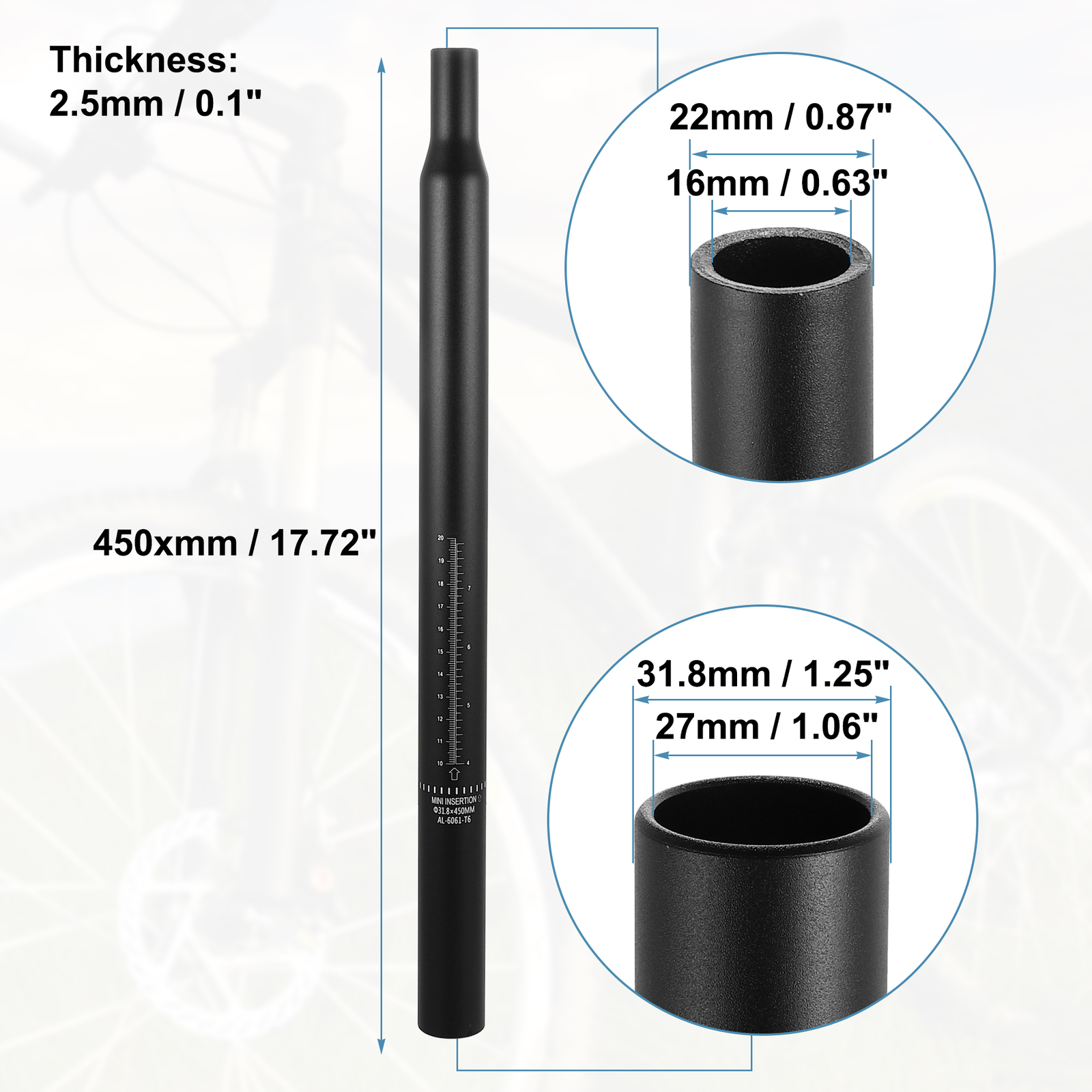 31.8x450mm Bicycle Seat Post Aluminum Alloy Tube Universal for MTB Mountain Bike
