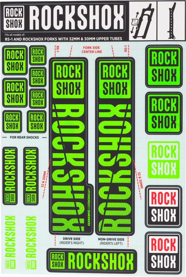 Fork Decal Kits – RockShox Fork Decal Kit – 30/32mm/RS1, Green – Other Fork Part