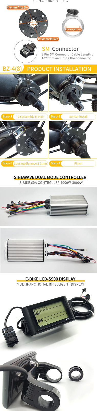 1000W 1500W 2000W 3000W MTB Ebike 60A Sinewave Dual Mode Controller LED Display
