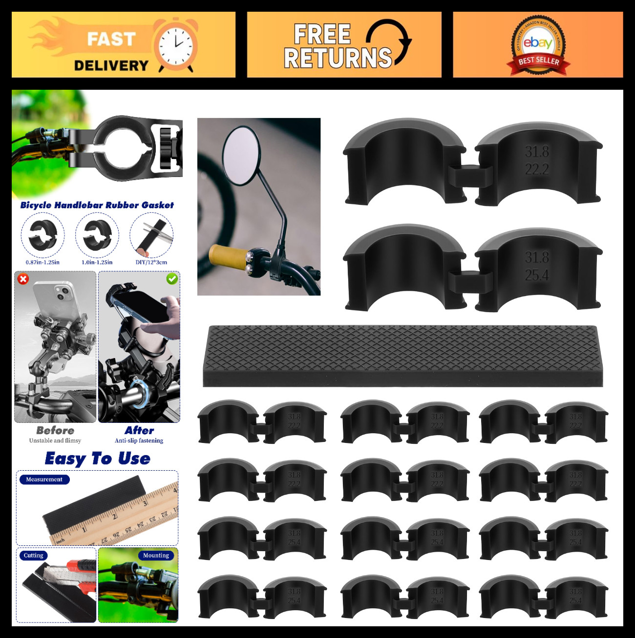 12PCS Anti-Vibration Bicycle Handlebar Rubber Gaskets & 2 Long Spacers, Non-Slip