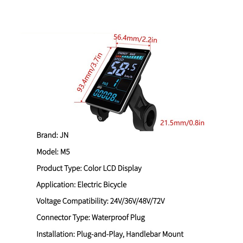 M5 Color LCD E-bike 24V36V48V72V Waterproof/SM Plug for Electric Bicycle Scooter