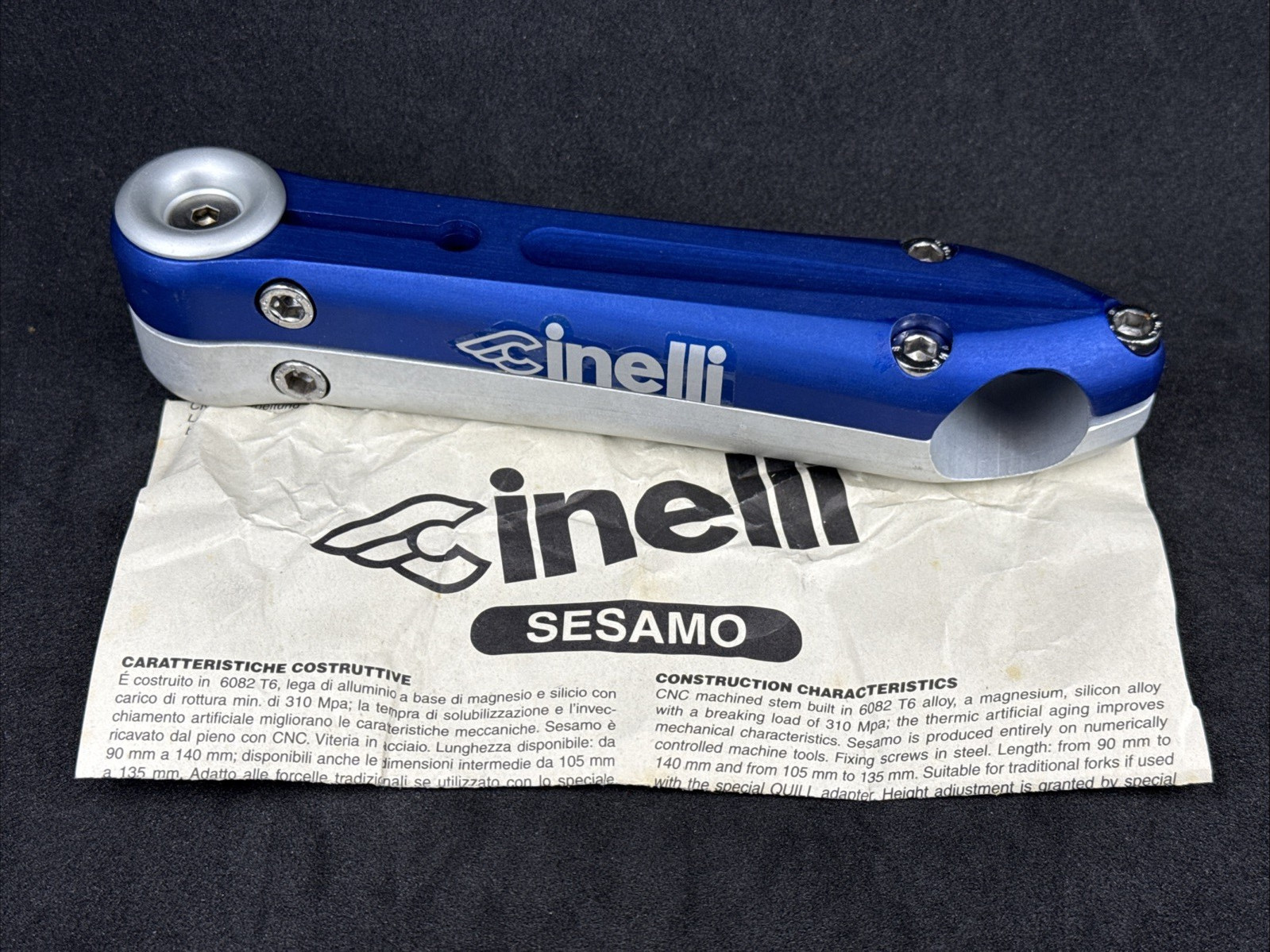 Vintage Cinelli SESAMO Stem Silver & Blue 140mm 25.4mm 1in Steerer 26.0mm Clamp