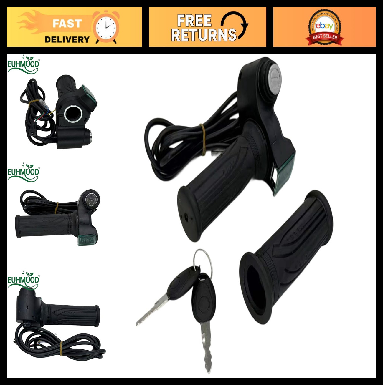 Universal E-Bike Throttle Grip 12V-84V with LCD Display & Key Lock for Scooter/M