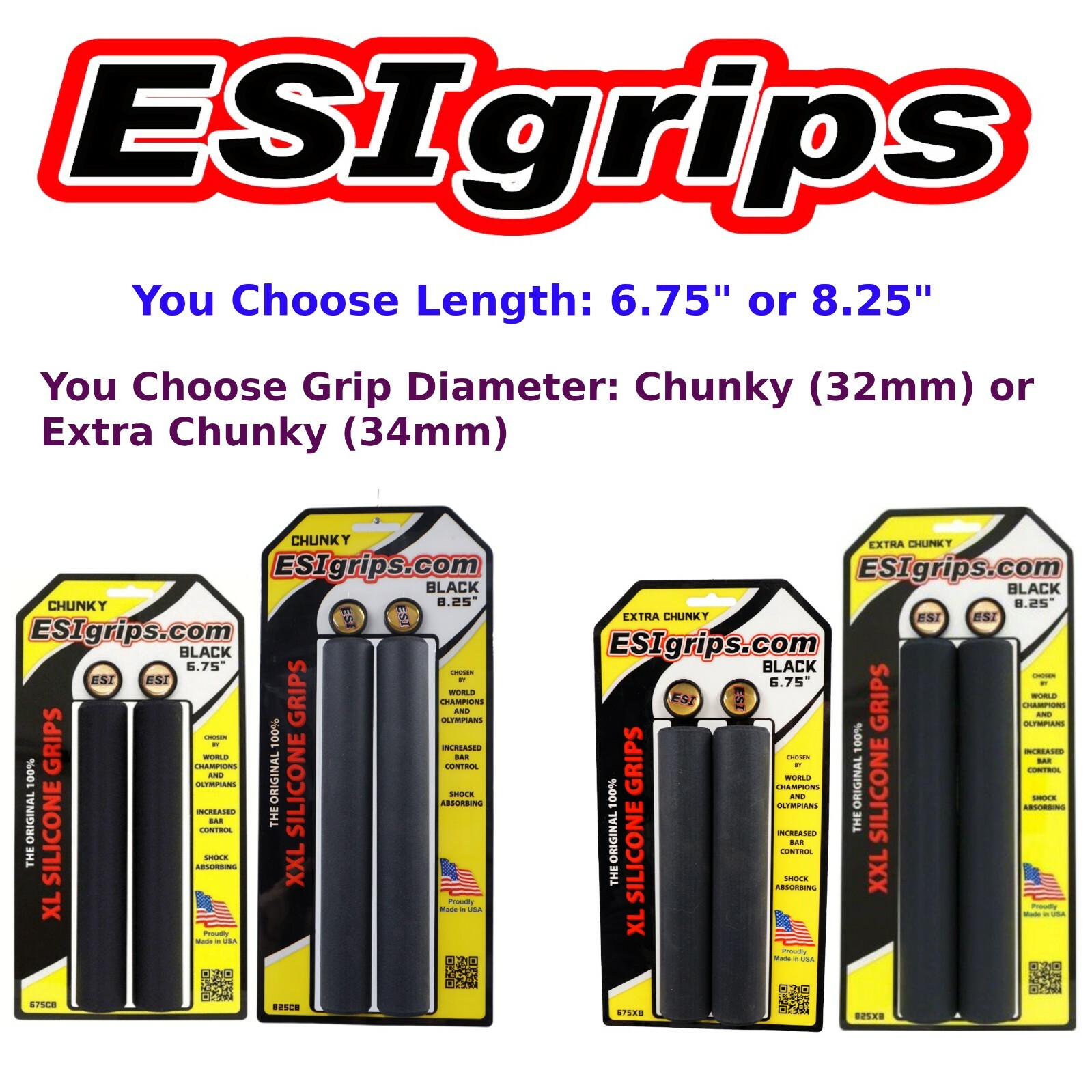 ESI Chunky OR Extra Chunky 6.75″ or 8.25″ Bike Black XLor XXL Grips 100%SILICONE
