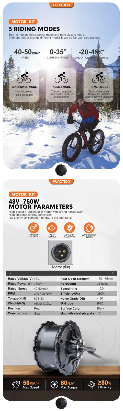 48V 750W 20 24 26in Snow Electric Fat Tire Bike Brushless Rear Hub Motor Wheel