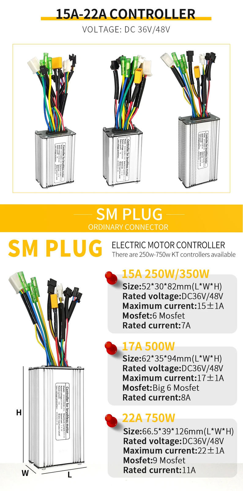 E-bike 15A 17A 22A 250W-500W Controller and 36V/48V LCD3U LCD7U LCD8HU Display