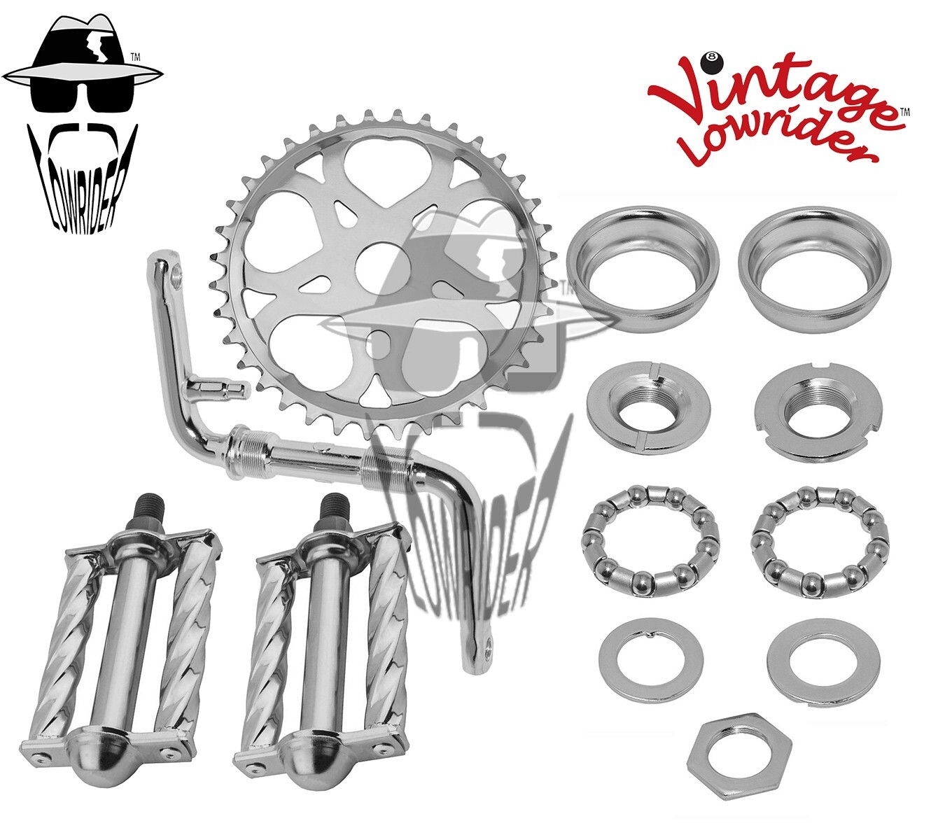 Vtg LOWRIDER HEART CHROME CRANK BUNDLE TWISTED PEDALS 20 CRUISE LOWRIDER BICYCLE
