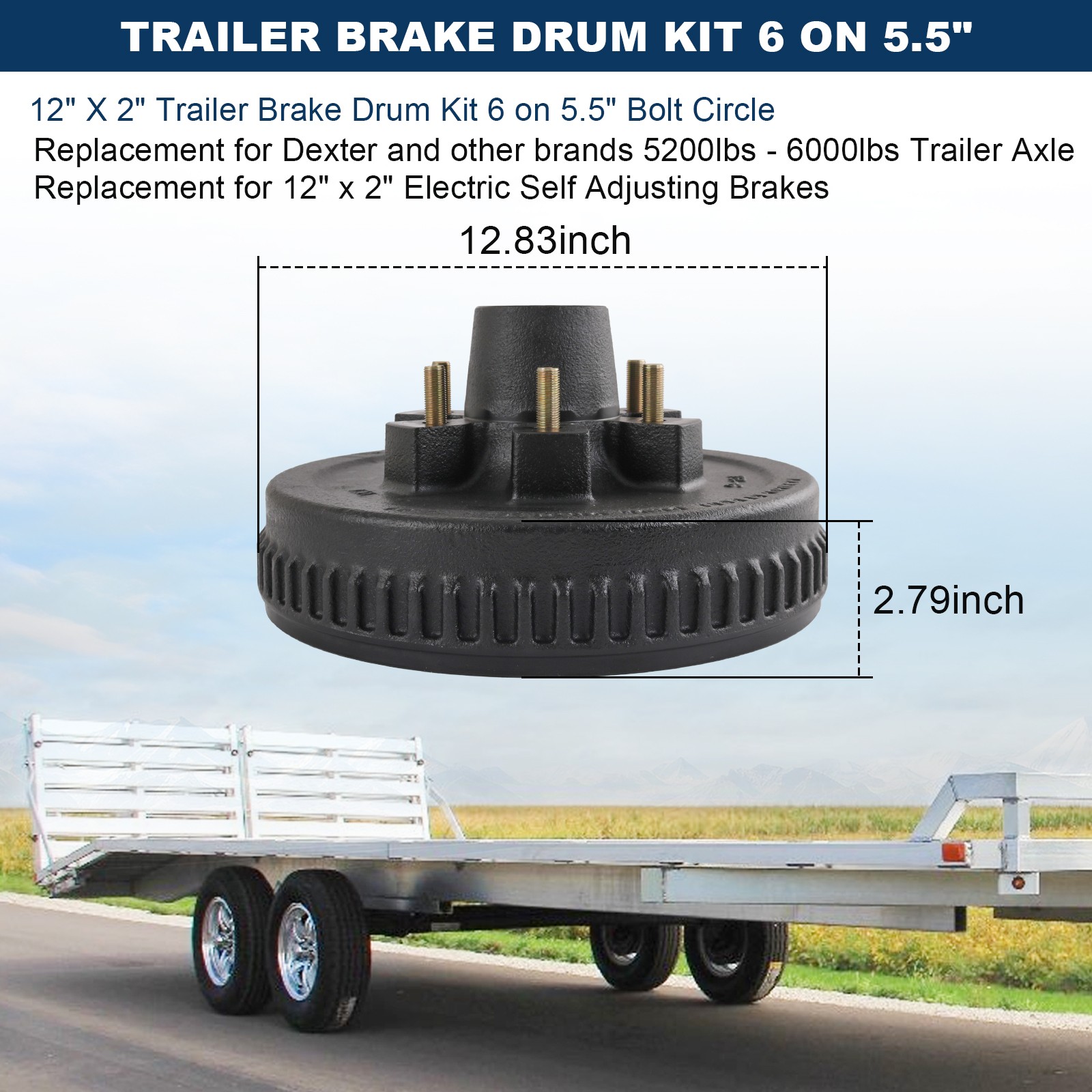 New Self-Adjusting Electric Brake 6 on 5.5″ Bolt Circle Drum Kits with 12″ X 2″
