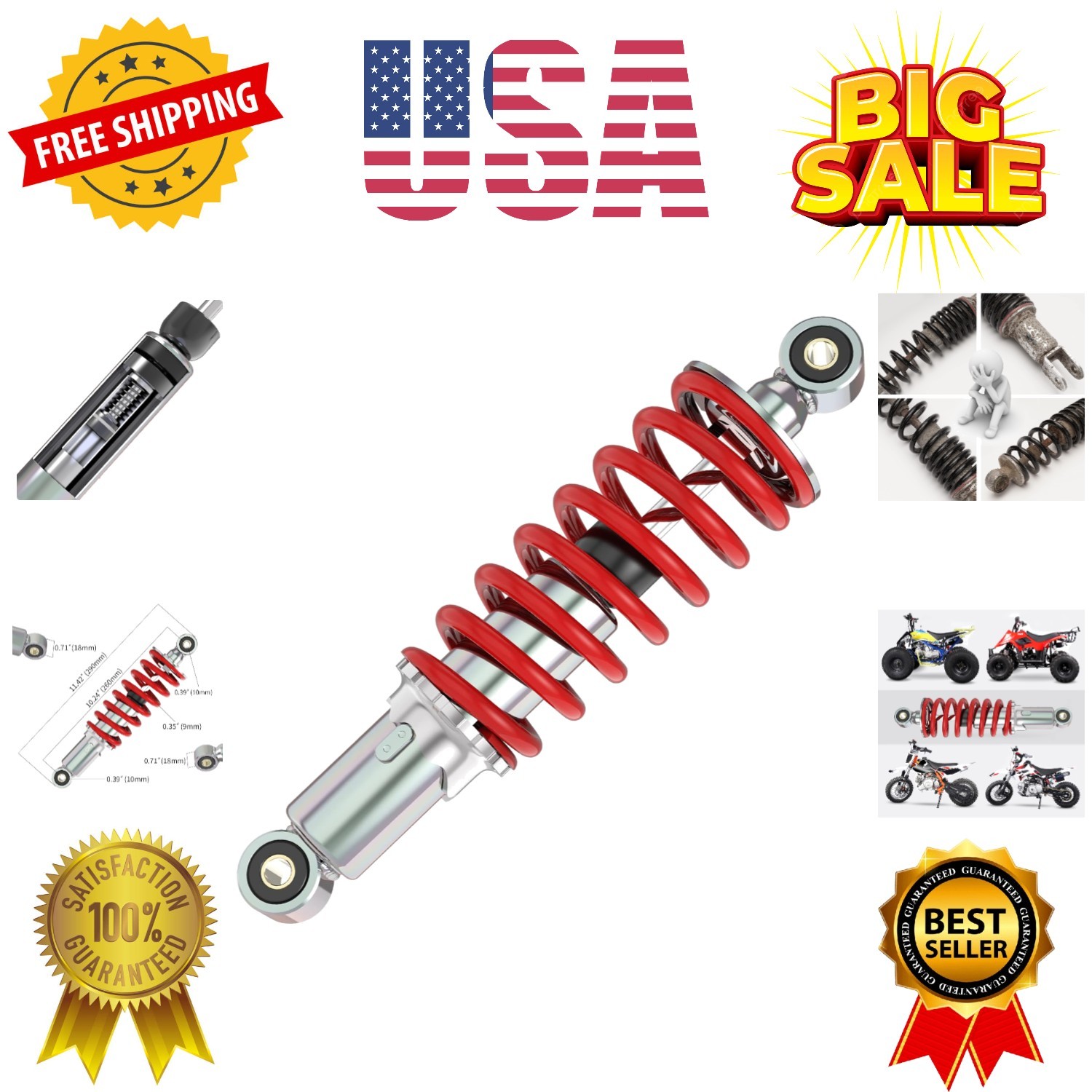 260mm Rear Shock, 10-1/4″ Mono Shock Adjustable Replacement for SDG SSR Lifan…