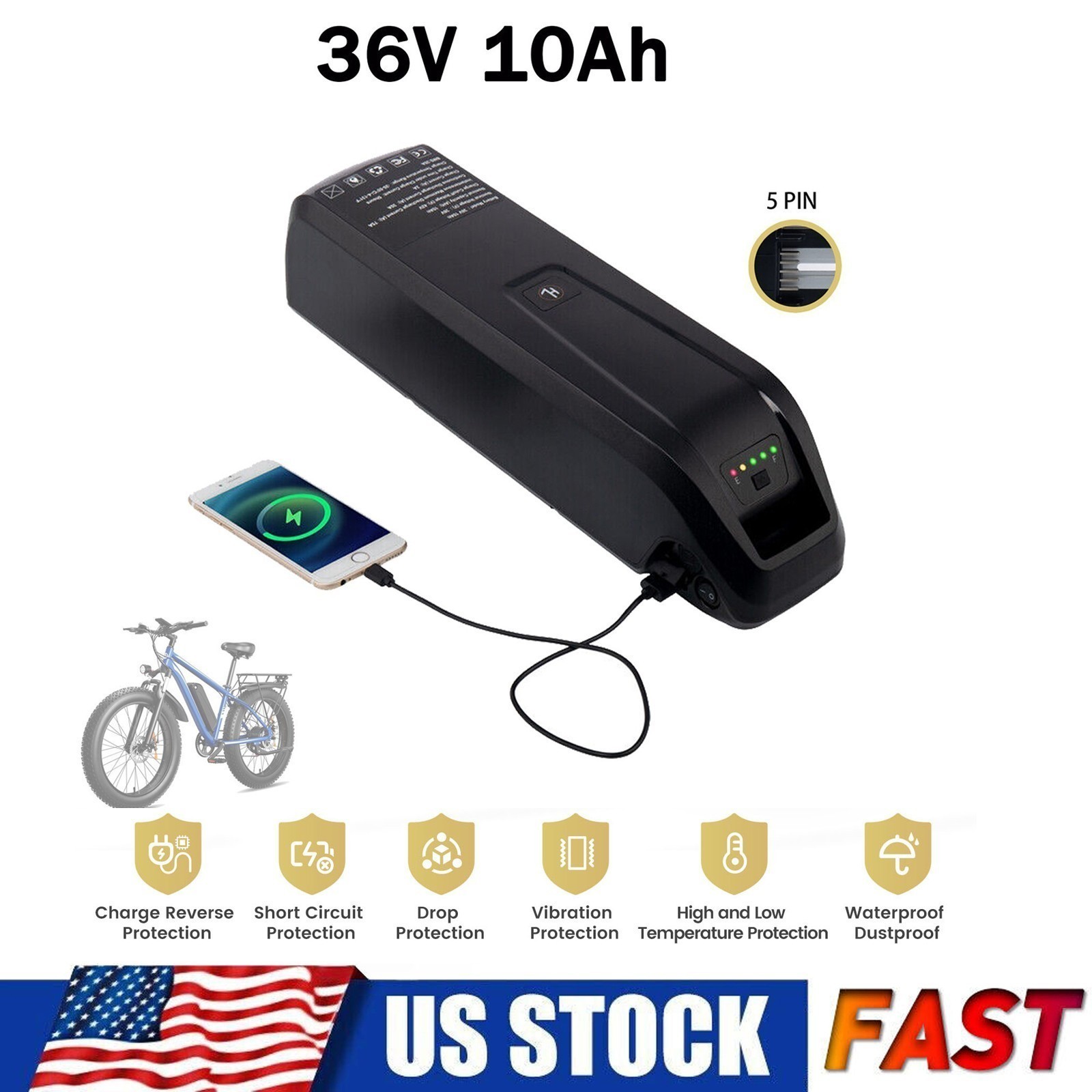 Ebike Lithium Battery 36V 5-Pin Electric Bike Battery for 80-1000W Bicycle Motor
