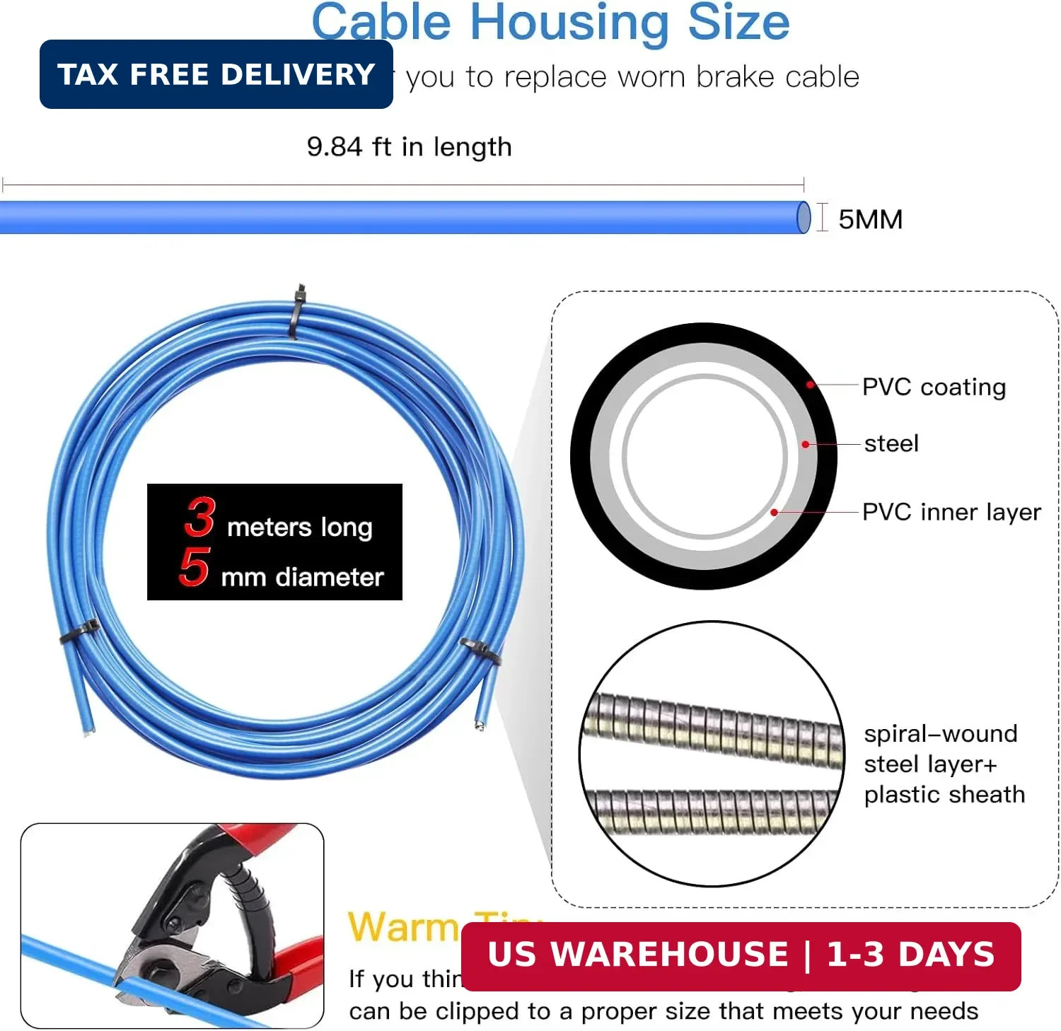 Universal Brake Cable Housing,5mm 3Meters,Lined Bicycle/Bike Brake Cable Housing