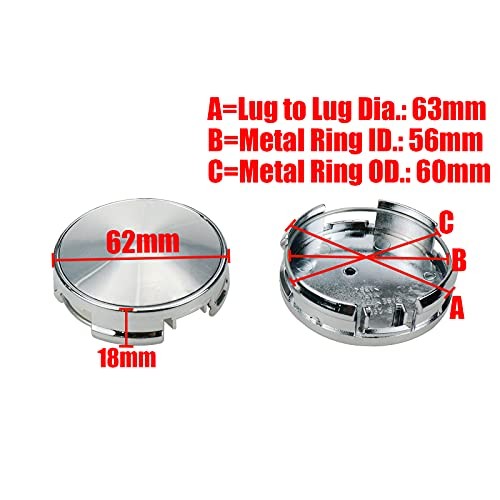 Wheel Center Caps,62mm Rim Hub Center Covers Outer 62MM,Inner 63MM Silver