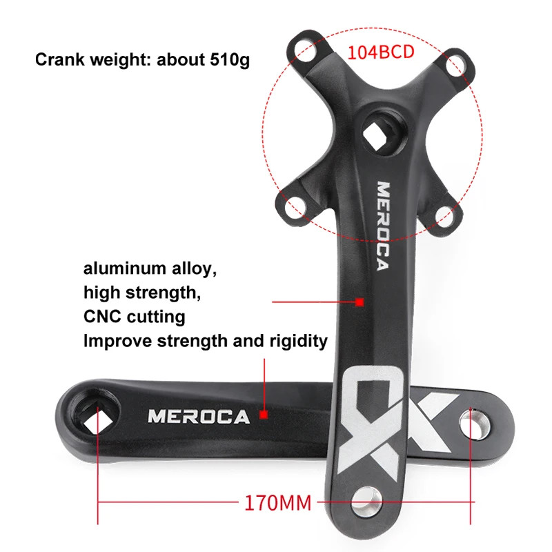 Square Hole MTB Crankset 104BCD 170mm Narrow Tooth Chainring 32/34/36/38/40T/42T