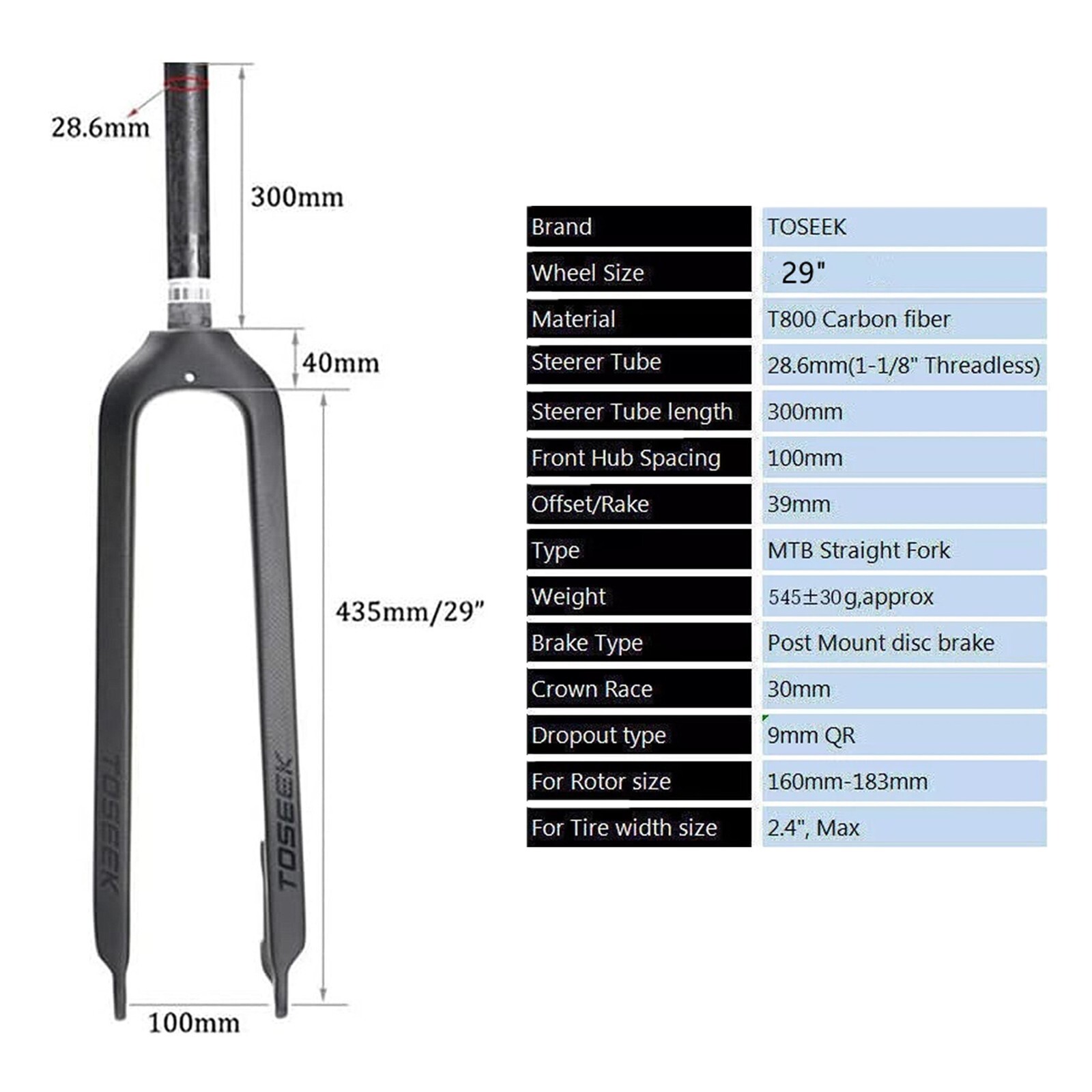 29″ Tossek 1-1/8″ Carbon MTB Rigid Front Fork Disc Brake Straight Tube 28.6mm QR