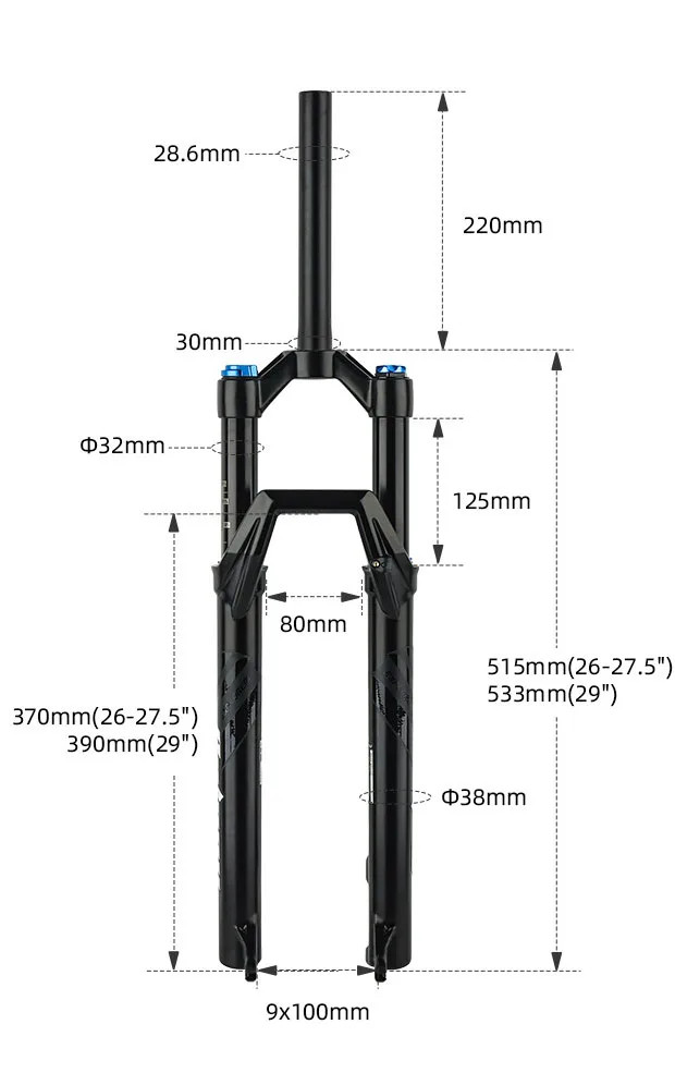 26/29 inch MTB Air Suspension Fork 125mm Travel 28.6mm Steerer Shoulder Lockout