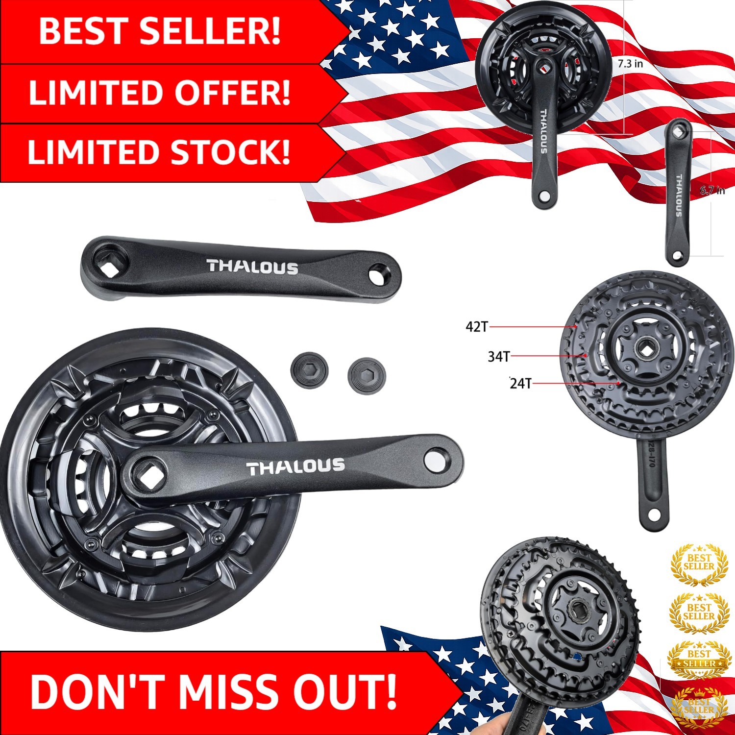 Universal Bicycle Crankset 6/7/8 Speed 42/34/24T – Lightweight Aluminum 170MM