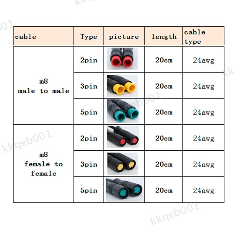 M8 2/3/5pin male to male female Ebike Cable Electric Bicycle Waterproof 1m wire