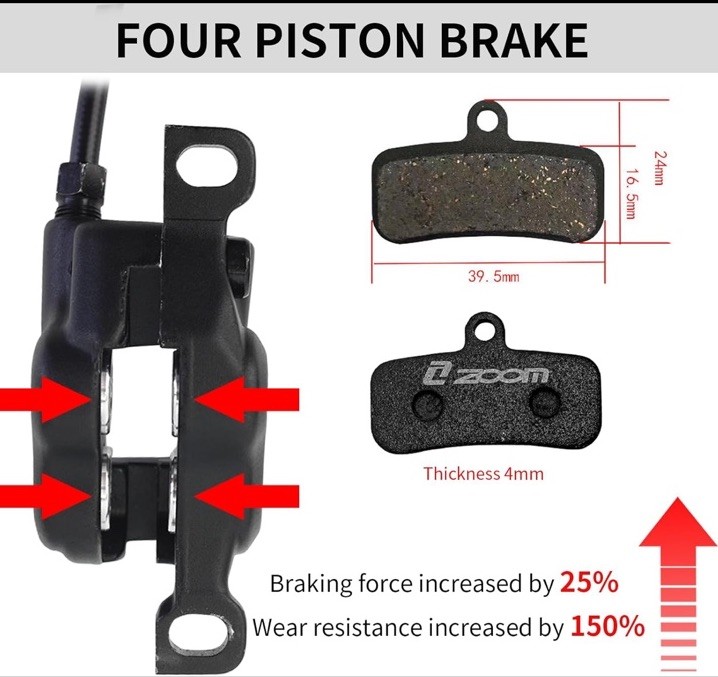 Zoom HB876E Hydraulic Disc Brakes Set 4-Pistons E-Bike Electric Bicycle